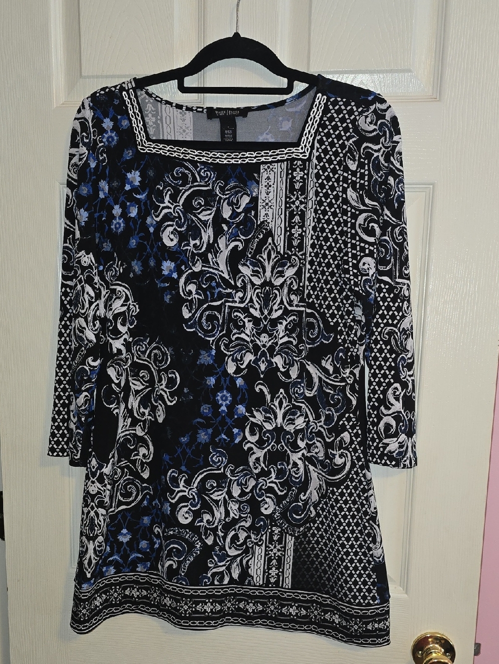 White House Black Market Black, White & Blue Printed Midi Dress